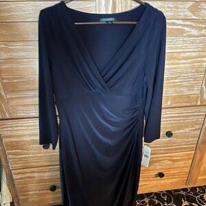 Ralph Lauren Navy Blue Ruched Dress size 14 New with tags flattering